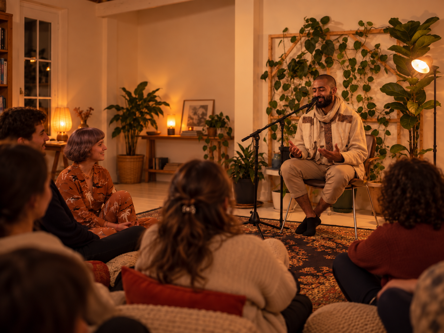 A speaker sharing a story with a small circle of listeners in a warm, plant-filled room